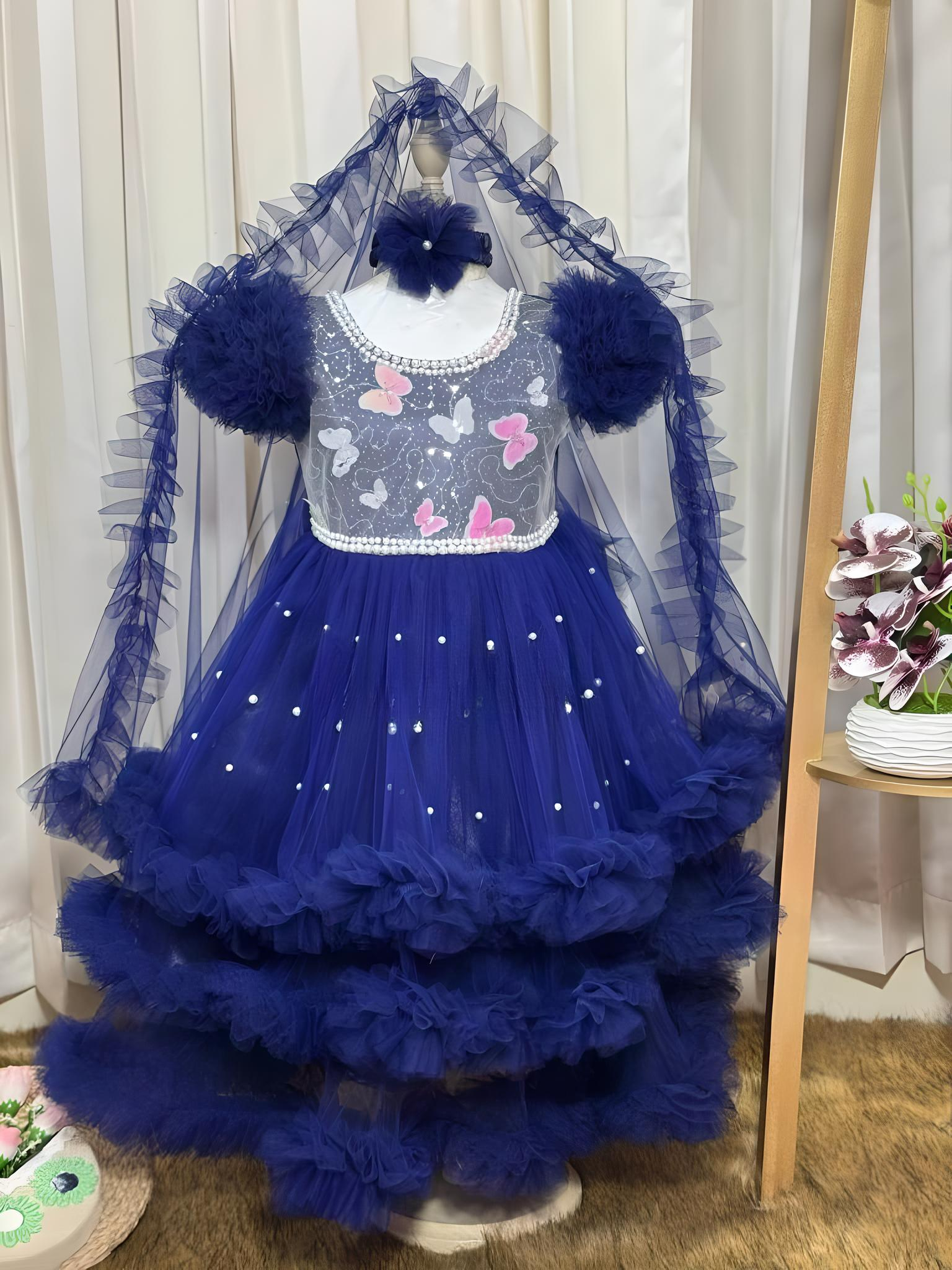 Baby Party Gown - Silk Satin, Veil & Headband (Blue Color)